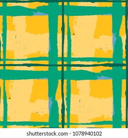 Plaid. Seamless Grunge Pattern with Hand Painted Crossing Stripes for Wrapping Paper, Linen, Sportswear. Rustic Check Texture. Vector Seamless Kilt Texture. Scottish 
Ornament