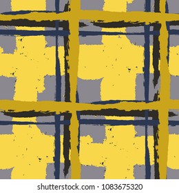 Plaid. Seamless Grunge Pattern with Hand Painted Crossing Stripes for Swimwear, Upholstery, Textile. Rustic Check Texture. Vector Seamless Kilt Texture.