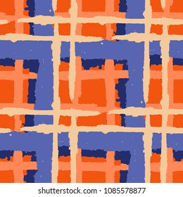 Plaid. Seamless Grunge Pattern with Hand Painted Crossing Brush Strokes for Wallpaper, Linen, Sportswear. Rustic Check Texture. Vector Seamless Tartan.