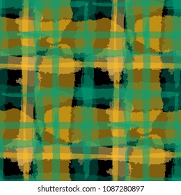 Plaid. Seamless Grunge Pattern with Hand Painted Crossing Brush Strokes for Wallpaper, Linen, Sportswear. Rustic Check Texture. Vector Seamless Tartan.