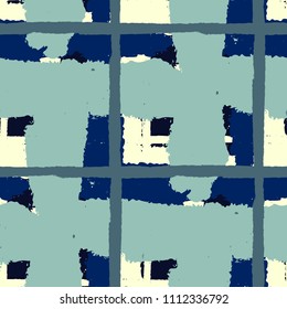 Plaid. Seamless Grunge Pattern with Hand Painted Crossing Stripes for Swimwear, Upholstery, Textile. Rustic Check Texture. Vector Seamless Kilt Texture.