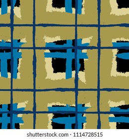 Plaid. Seamless Grunge Pattern with Hand Painted Crossing Lines for Wrapping Paper, Linen, Sportswear. Rustic Check Texture. Vector Seamless Plaid Texture.