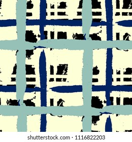 Plaid. Seamless Grunge Pattern with Hand Painted Crossing Lines for Print, Linen, Cloth. Rustic Check Texture. Vector Seamless Tartan.