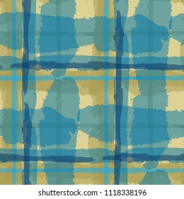 Plaid. Seamless Grunge Pattern with Hand Painted Crossing Lines for Swimwear, Upholstery, Textile. Rustic Check Texture. Vector Seamless Kilt Texture.