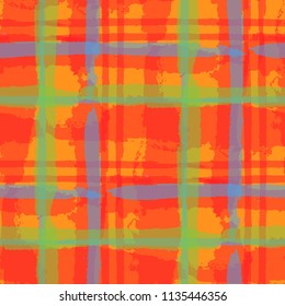 Plaid. Seamless Grunge Pattern with Hand Painted Crossing Brush Strokes for Swimwear, Fabric, Textile. Rustic Check Texture. Vector Seamless Kilt Texture.