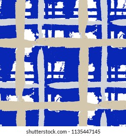 Plaid. Seamless Grunge Pattern with Hand Painted Crossing Brush Strokes for Swimwear, Upholstery, Textile. Rustic Check Texture. Vector Seamless Plaid Texture.