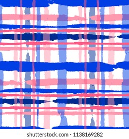 Plaid. Seamless Grunge Pattern with Hand Painted Crossing Lines for Print, Upholstery, Textile. Rustic Check Texture. Vector Seamless Kilt Texture.