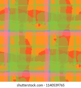 Plaid. Seamless Grunge Pattern with Hand Painted Crossing Brush Strokes for Wrapping Paper, Linen, Sportswear. Rustic Check Texture. Vector Seamless Tartan. Scottish 
Ornament
