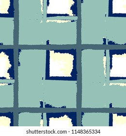 Plaid. Seamless Grunge Pattern with Hand Painted Crossing Stripes for Wrapping Paper, Linen, Sportswear. Rustic Check Texture. Vector Seamless Plaid. Scottish Ornament