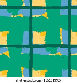 Plaid. Seamless Grunge Pattern with Hand Painted Crossing Stripes for Wallpaper, Linen, Sportswear. Rustic Check Texture. Vector Seamless Tartan. Scottish Ornament