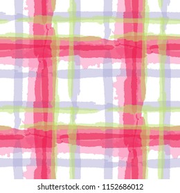 Plaid. Seamless Grunge Pattern with Hand Painted Crossing Stripes for Print, Linen, Cloth. Rustic Check Texture. Vector Seamless Kilt Texture. Scottish Ornament