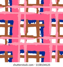 Plaid. Seamless Grunge Pattern with Hand Painted Crossing Brush Strokes for Print, Upholstery, Textile. Rustic Check Texture. Vector Seamless Tartan. Scottish Ornament