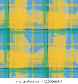 Plaid. Seamless Grunge Pattern with Hand Painted Crossing Brush Strokes for Swimwear, Fabric, Textile. Rustic Check Texture. Vector Seamless Kilt Texture.