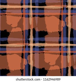 Plaid. Seamless Grunge Pattern with Hand Painted Crossing Brush Strokes for Print, Linen, Cloth. Rustic Check Texture. Vector Seamless Kilt Texture. Scottish Ornament
