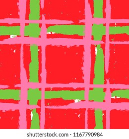 Plaid. Seamless Grunge Pattern with Hand Painted Crossing Stripes for Swimwear, Upholstery, Textile. Rustic Check Texture. Vector Seamless Tartan.