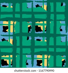 Plaid. Seamless Grunge Pattern with Hand Painted Crossing Brush Strokes for Swimwear, Upholstery, Textile. Rustic Check Texture. Vector Seamless Tartan.