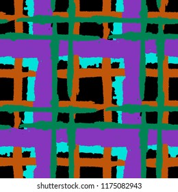 Plaid. Seamless Grunge Pattern with Hand Painted Crossing Brush Strokes for Swimwear, Fabric, Textile. Rustic Check Texture. Vector Seamless Kilt Texture.