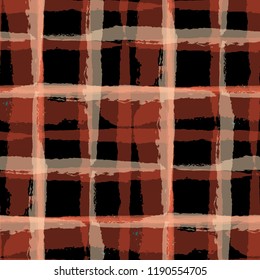 Plaid. Seamless Grunge Pattern with Hand Painted Crossing Stripes for Wrapping Paper, Linen, Sportswear. Rustic Check Texture. Vector Seamless Kilt Texture. Scottish Ornament
