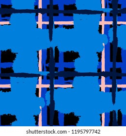 Plaid. Seamless Grunge Pattern with Hand Painted Crossing Stripes for Print, Upholstery, Textile. Rustic Check Texture. Vector Seamless Plaid. Scottish Ornament