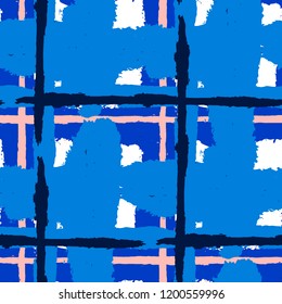 Plaid. Seamless Grunge Pattern with Hand Painted Crossing Stripes for Print, Linen, Cloth. Rustic Check Texture. Vector Seamless Kilt Texture. Scottish Ornament