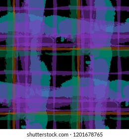 Plaid. Seamless Grunge Pattern with Hand Painted Crossing Stripes for Swimwear, Upholstery, Textile. Rustic Check Texture. Vector Seamless Plaid Texture.