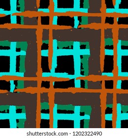 Plaid. Seamless Grunge Pattern with Hand Painted Crossing Brush Strokes for Wallpaper, Linen, Sportswear. Rustic Check Texture. Vector Seamless Kilt Texture.