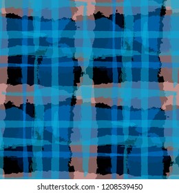 Plaid. Seamless Grunge Pattern with Hand Painted Crossing Stripes for Wallpaper, Linen, Sportswear. Rustic Check Texture. Vector Seamless Plaid Texture.