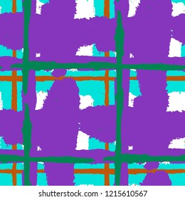 Plaid. Seamless Grunge Pattern with Hand Painted Crossing Lines for Wallpaper, Linen, Cloth. Rustic Check Texture. Vector Seamless Kilt Texture. Scottish Ornament