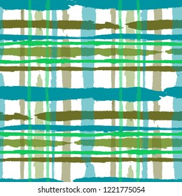 Plaid. Seamless Grunge Pattern with Hand Painted Crossing Lines for Swimwear, Fabric, Textile. Rustic Check Texture. Vector Seamless Kilt Texture.