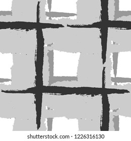 Plaid. Seamless Grunge Pattern with Hand Painted Crossing Brush Strokes for Wrapping Paper, Linen, Sportswear. Rustic Check Texture. Vector Seamless Tartan.
