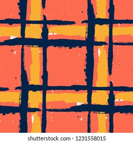 Plaid. Seamless Grunge Pattern with Hand Painted Crossing Brush Strokes for Print, Upholstery, Textile. Rustic Check Texture. Vector Seamless Kilt Texture.