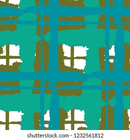 Plaid. Seamless Grunge Pattern with Hand Painted Crossing Lines for Wallpaper, Linen, Sportswear. Rustic Check Texture. Vector Seamless Kilt Texture. Scottish Ornament