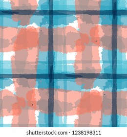 Plaid. Seamless Grunge Pattern with Hand Painted Crossing Brush Strokes for Print, Linen, Cloth. Rustic Check Texture. Vector Seamless Kilt Texture. Scottish Ornament