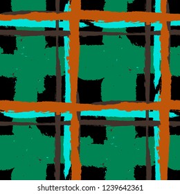 Plaid. Seamless Grunge Pattern with Hand Painted Crossing Stripes for Swimwear, Upholstery, Textile. Rustic Check Texture. Vector Seamless Tartan. Scottish Ornament