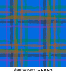 Plaid. Seamless Grunge Pattern with Hand Painted Crossing Stripes for Wallpaper, Linen, Sportswear. Rustic Check Texture. Vector Seamless Kilt Texture.