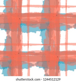 Plaid. Seamless Grunge Pattern with Hand Painted Crossing Brush Strokes for Swimwear, Fabric, Textile. Rustic Check Texture. Vector Seamless Tartan. Scottish Ornament
