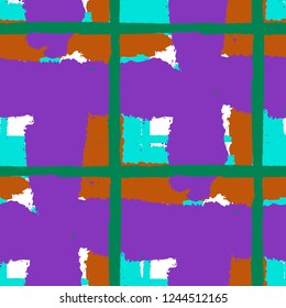 Plaid. Seamless Grunge Pattern with Hand Painted Crossing Stripes for Print, Upholstery, Cloth. Rustic Check Texture. Vector Seamless Tartan.