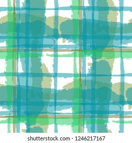 Plaid. Seamless Grunge Pattern with Hand Painted Crossing Lines for Wallpaper, Linen, Sportswear. Rustic Check Texture. Vector Seamless Kilt Texture.
