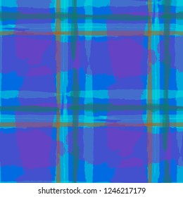 Plaid. Seamless Grunge Pattern with Hand Painted Crossing Brush Strokes for Print, Linen, Cloth. Rustic Check Texture. Vector Seamless Kilt Texture. Scottish Ornament