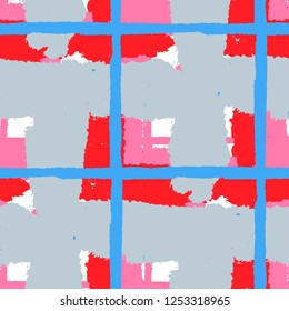 Plaid. Seamless Grunge Pattern with Hand Painted Crossing Lines for Wallpaper, Linen, Sportswear. Rustic Check Texture. Vector Seamless Plaid Texture.