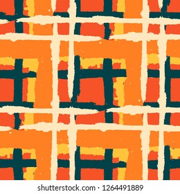 Plaid. Seamless Grunge Pattern with Hand Painted Crossing Stripes for Print, Upholstery, Cloth. Rustic Check Texture. Vector Seamless Tartan.
