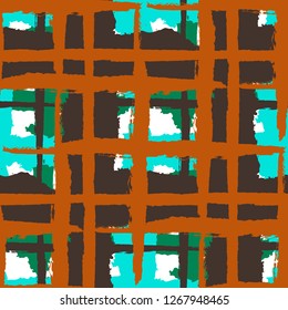 Plaid. Seamless Grunge Pattern with Hand Painted Crossing Lines for Print, Linen, Cloth. Rustic Check Texture. Vector Seamless Kilt Texture. Scottish Ornament