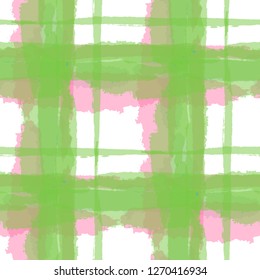 Plaid. Seamless Grunge Pattern with Hand Painted Crossing Brush Strokes for Wallpaper, Linen, Sportswear. Rustic Check Texture. Vector Seamless Kilt Texture.
