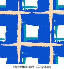 Plaid. Seamless Grunge Pattern with Hand Painted Crossing Stripes for Print, Upholstery, Textile. Rustic Check Texture. Vector Seamless Kilt Texture.