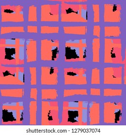 Plaid. Seamless Grunge Pattern with Hand Painted Crossing Brush Strokes for Print, Upholstery, Textile. Rustic Check Texture. Vector Seamless Tartan.
