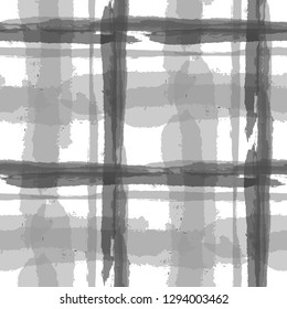 Plaid. Seamless Grunge Pattern with Hand Painted Crossing Lines for Swimwear, Upholstery, Textile. Rustic Check Texture. Vector Seamless Kilt Texture.