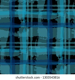 Plaid. Seamless Grunge Pattern with Hand Painted Crossing Lines for Swimwear, Upholstery, Textile. Rustic Check Texture. Vector Seamless Tartan.