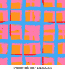 Plaid. Seamless Grunge Pattern with Hand Painted Crossing Stripes for Print, Linen, Cloth. Rustic Check Texture. Vector Seamless Tartan. Scottish Ornament