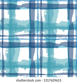 Plaid. Seamless Grunge Pattern with Hand Painted Crossing Stripes for Print, Upholstery, Textile. Rustic Check Texture. Vector Seamless Kilt Texture. Scottish Ornament