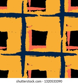 Plaid. Seamless Grunge Pattern with Hand Painted Crossing Lines for Swimwear, Upholstery, Textile. Rustic Check Texture. Vector Seamless Kilt Texture.